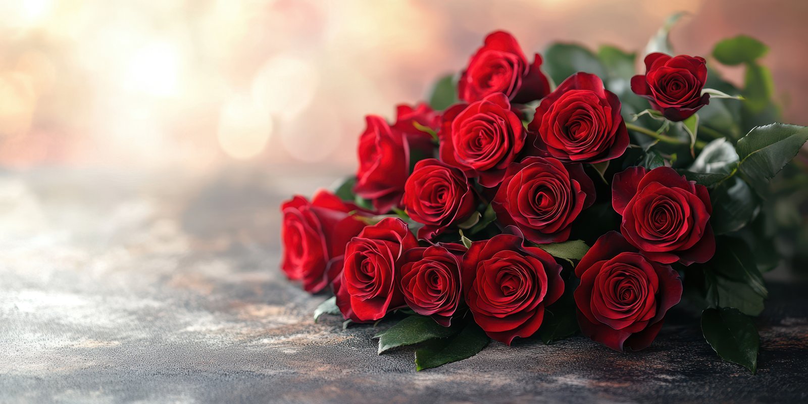 Beautiful bouquet of red roses elegantly arranged on a rustic table with soft, natural light in the background
